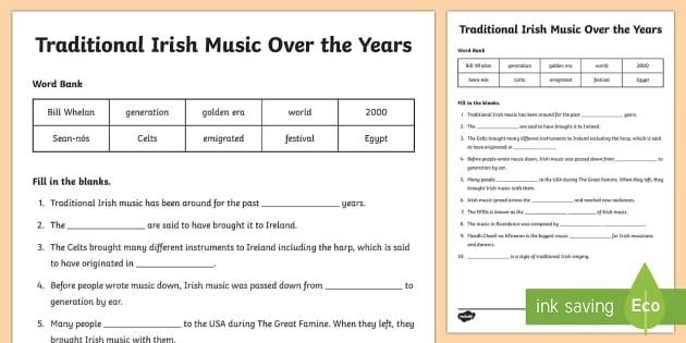 Ancient Irish Music to Modern Day Worksheet