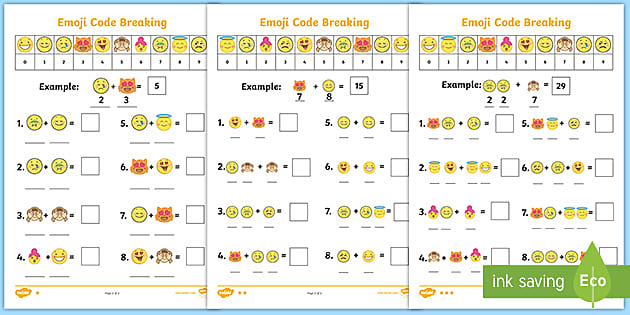 Emoji Addition Code Breaking Worksheets Teacher Made