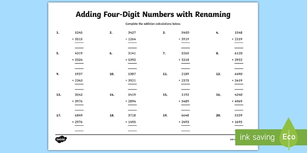 Adding Four-Digit Numbers with Renaming Worksheet