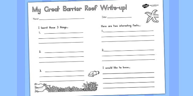 Great Barrier Reef Write Up Worksheet (teacher made)