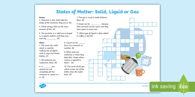 States of Matter: Solid Liquid or Gas Crossword Twinkl