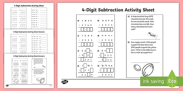 4-Digit Number Subtraction Worksheet