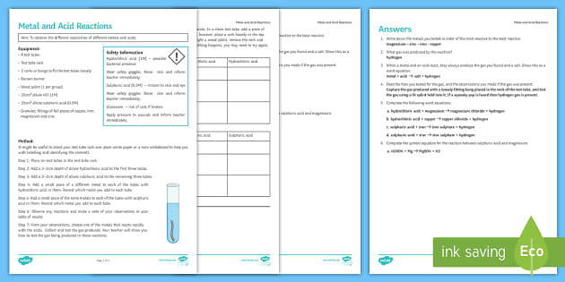 Metal And Acid Reactions Investigation Instruction Sheet Print Out