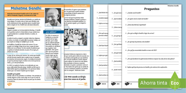 Comprensión lectora por niveles: Mahatma Gandhi - Twinkl