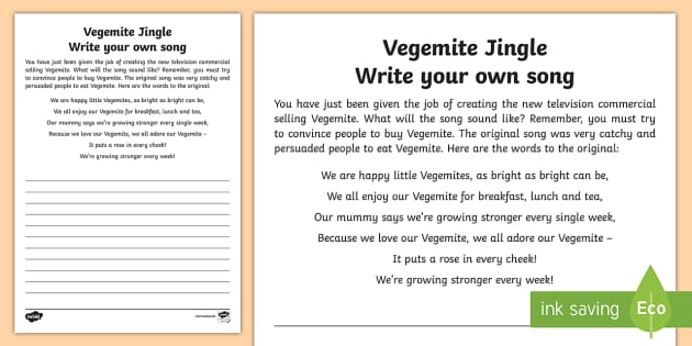 Rewrite the Vegemite song Worksheet / Worksheet - Twinkl