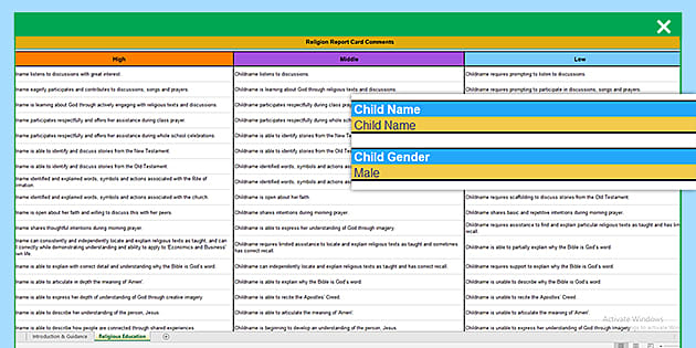 religious education report comments year 1