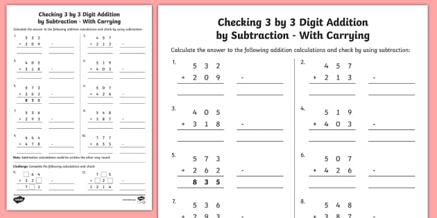 y3 inverse check 3 digit 3 addition subtraction with carry sheet