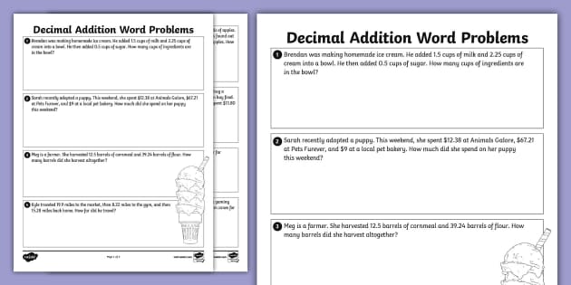 Sixth Grade Decimal Addition Word Problems - Twinkl