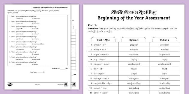 Sixth Grade Beginning of the Year ELA Spelling Assessment