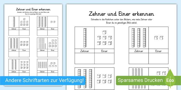 Zehner Und Einer Arbeitsblatt
 Zehner und Einer erkennen Arbeitsblatt zum Thema Stellenwert