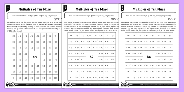 Multiples Of Ten Maze Differentiated Worksheets