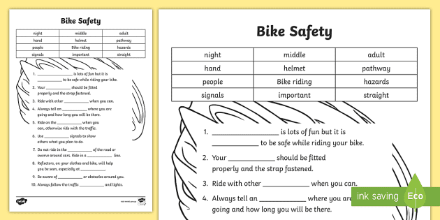 bike safety cloze worksheet teacher made