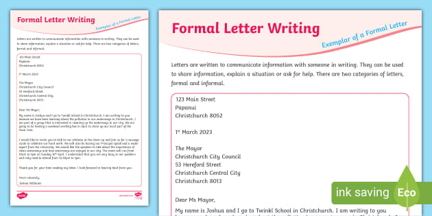 Level 2 Formal Letter Writing Exemplar (teacher made)