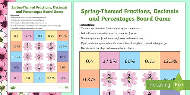 Spring Themed Fractions, Decimals and Percentages Board Game