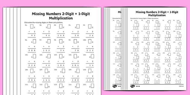 Multiplication 2-Digit x 1-Digit Missing Numbers Differentiated Worksheet
