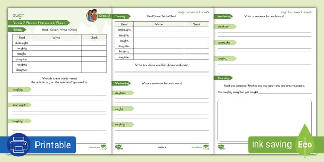 Grade 3 Phonics: augh Homework Sheet (Teacher-Made) - Twinkl