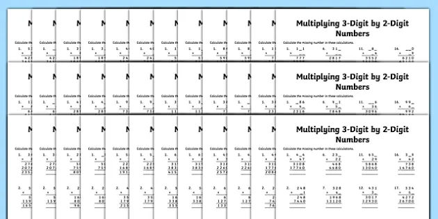 multiplication 3 digit x 2 digit missing numbers differentiated worksheet