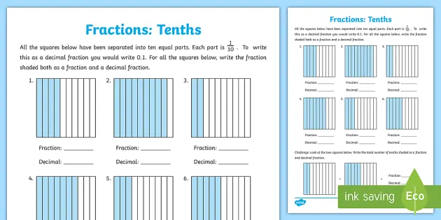 tenths as fractions and decimals worksheet teacher made