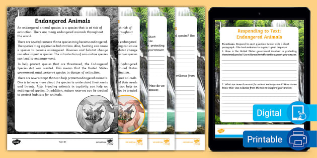 Reading/Writing Responding to Text: Endangered Animals