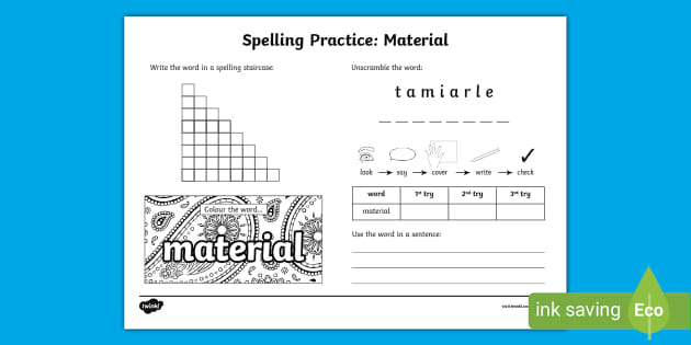 Material Spelling Practice Worksheet (teacher made) - Twinkl