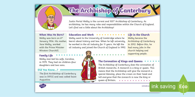 KS1 The Archbishop of Canterbury Fact File Twinkl