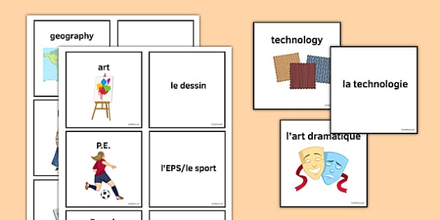 School Subjects in French and English - Matching Cards