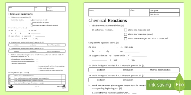 Chemical Reactions Worksheet - KS3 Chemistry Science Resource
