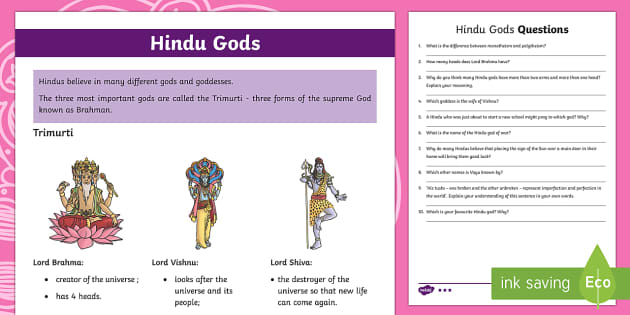 KS2 Hindu Gods Differentiated Reading Comprehension Activity