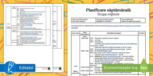 FREE! - Obiecte De Igienă – Planificare Săptămânală Grupa Mijlocie