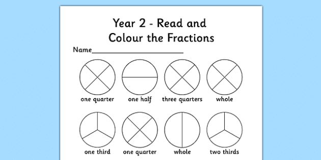 year 2 read and color a fraction worksheet worksheet