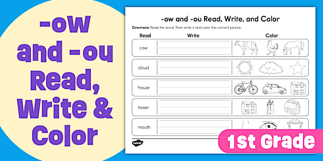 First Grade -ow and - ou Read, Write, and Color Worksheet