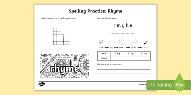 Rhyme Spelling Practice Worksheet (Teacher-Made) - Twinkl