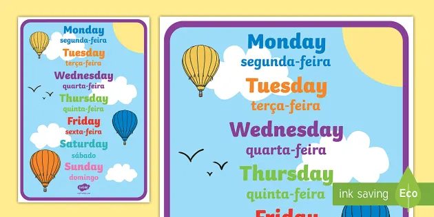 Days of the Week Flashcards English/Portuguese - Days of the Week