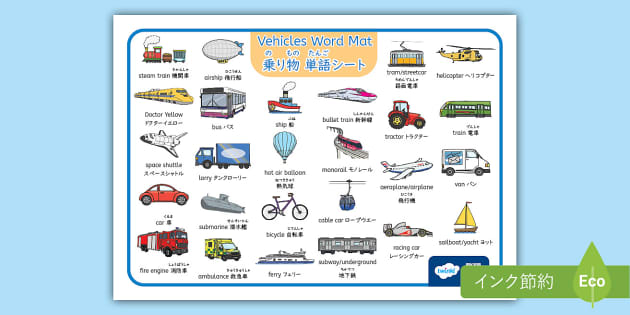 乗り物単語シート 英語と日本語 Vehicles Word Mat- Japanese And English