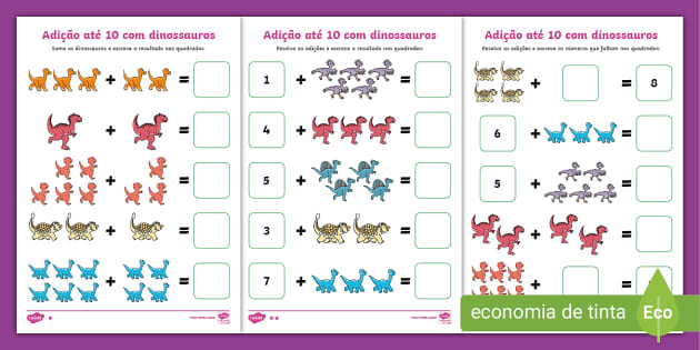 Jogo de adição com diferentes dinossauros jogo educacional de matemática  para crianças