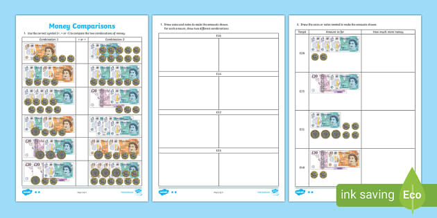 british money comparison using pound coins and notes differentiated worksheets