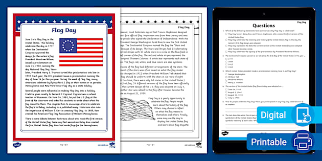 Sixth Grade Flag Day Reading Comprehension Activity - Twinkl