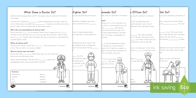 Second Grade Community Helpers Cloze Reading Pack Twinkl