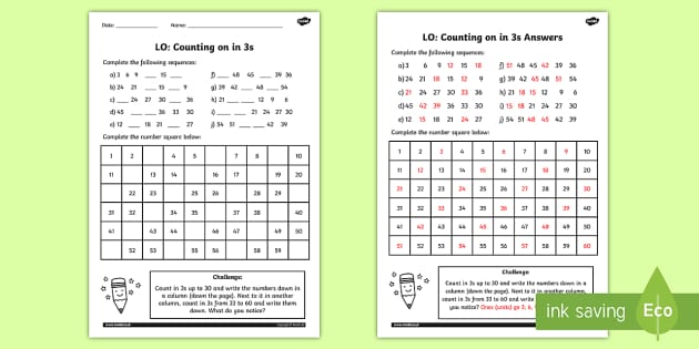 Counting in 3s Worksheet - counting, worksheet, 3, numbers, math