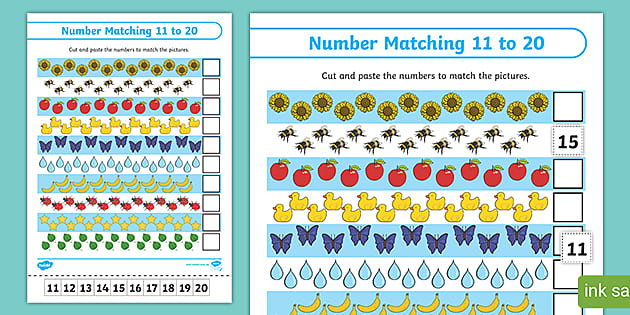 Number Matching Cut and Paste (11-20) Worksheet - Twinkl
