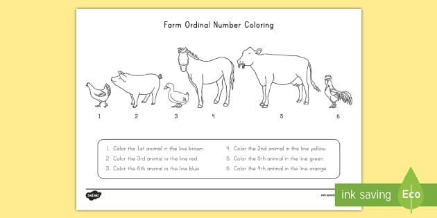 Farm Animals Ordinal Numbers Coloring Activity
