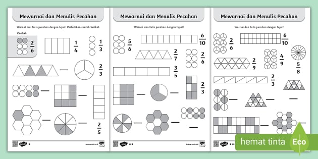Worksheet Mewarnai dan Menulis Bilangan Pecahan Twinkl Worksheet Mewarnai dan Menulis Bilangan Pecahan Twinkl
