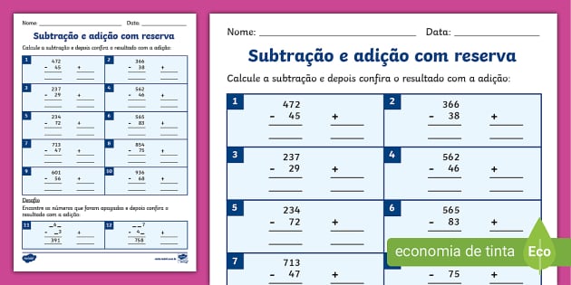 Tabuada para Completar Da Subtração PDF - Formato A4