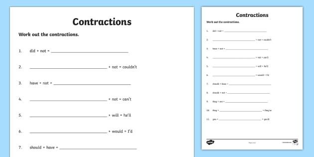 A2Zworksheets:Worksheet of Contractions (Short Forms)-Grammar-English