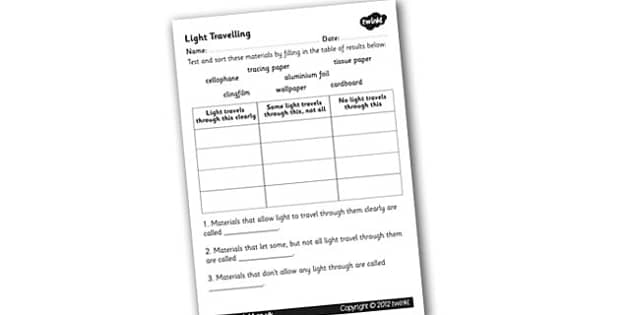 Light Travelling Worksheet - Twinkl