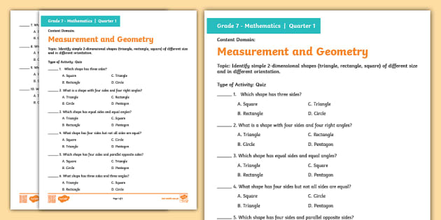 Grade 7 Math -Measurement and Geometry Quiz - Twinkl