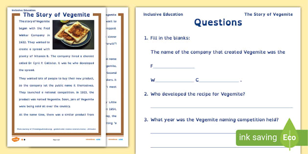 Vegemite Dyslexia Friendly Reading Comprehension Twinkl