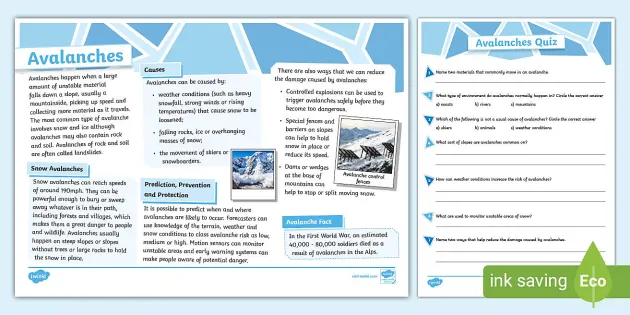 Avalanche Fact File and Quiz - Weather - KS2 (teacher made)