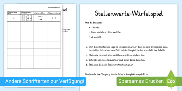Stellenwert-Würfelspiel: Arbeitsblatt (teacher made)