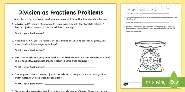 Division As Fractions Word Problems Worksheet / Worksheet